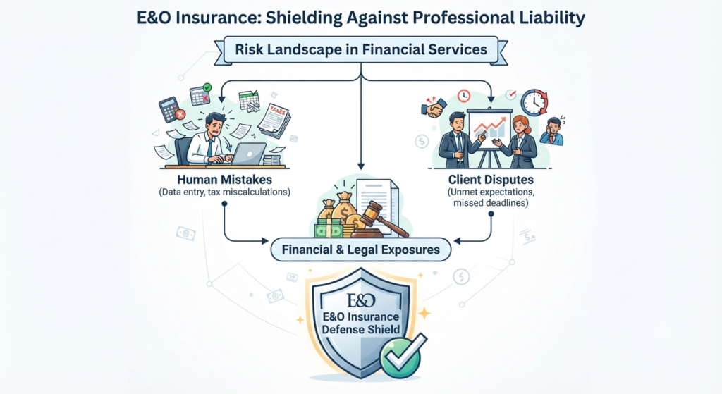 Infographic mapping the risk landscape in financial services, showcasing how E&O insurance safeguards against human mistakes, client disputes, and legal or financial exposures.