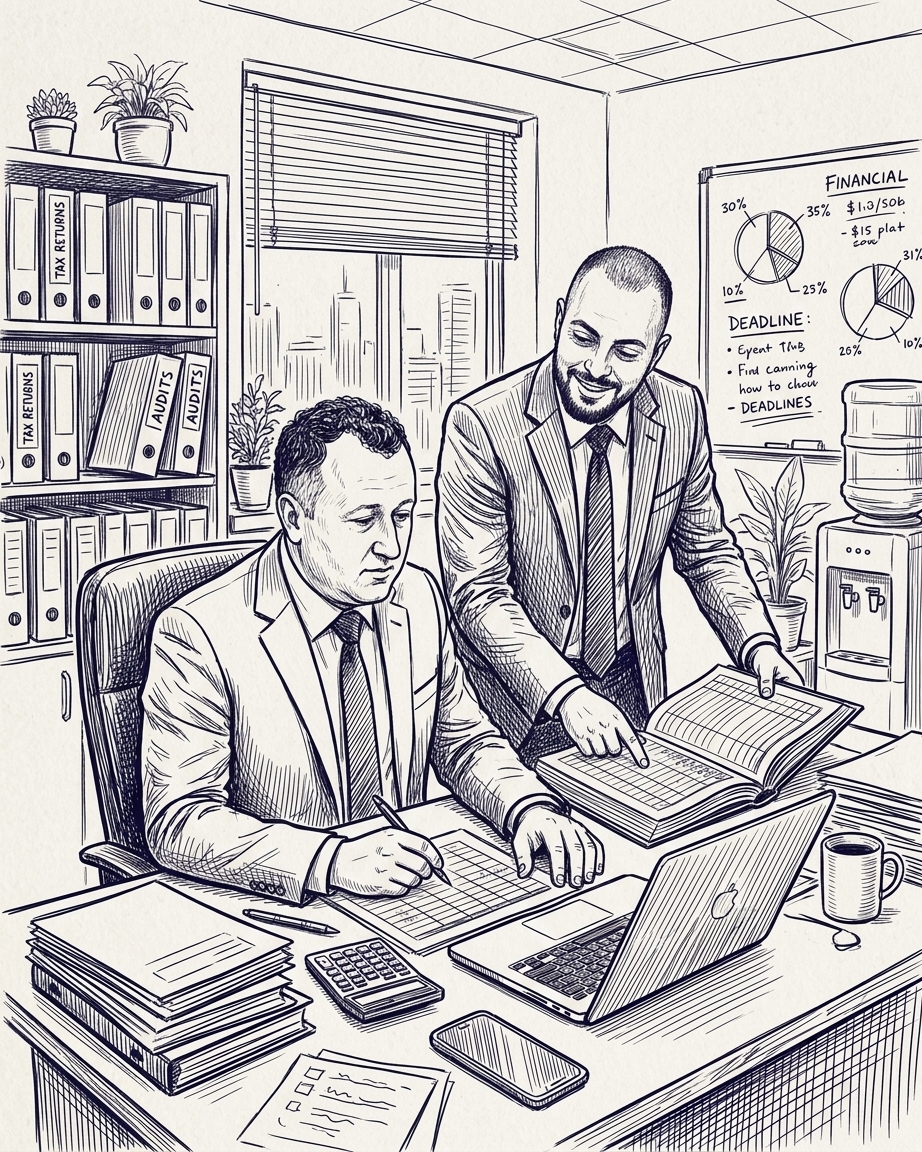 Two Numerix accountants reviewing financial reports, tax returns and audits in their Sydney office