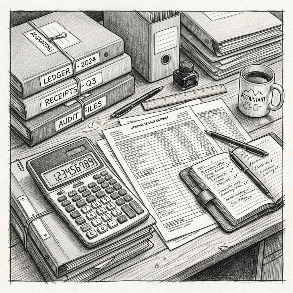 Hand-drawn sketch of an accountant's desk with general ledger, receipts, audit files and calculator — Numerix Accounting Sydney