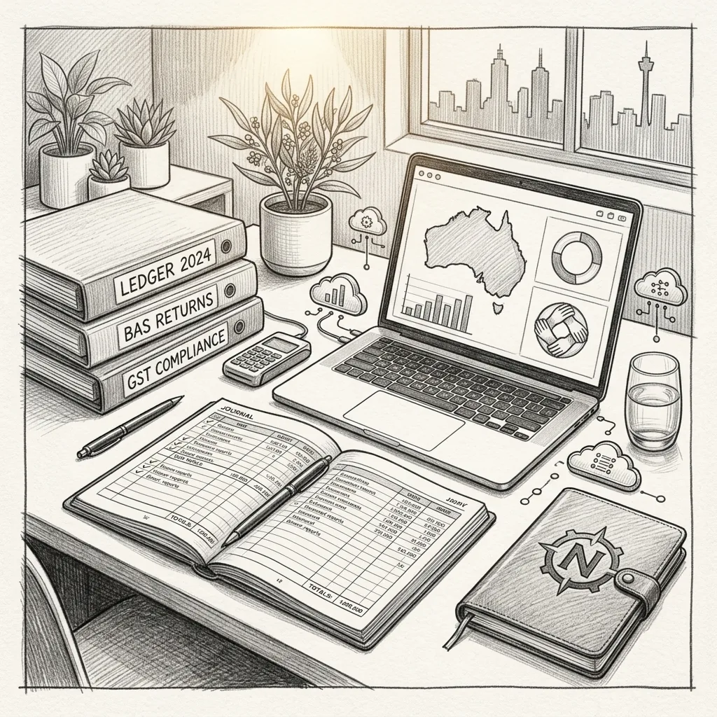Hand-drawn sketch of a bookkeeping desk with ledger 2024, BAS returns and GST compliance binders, journal and cloud accounting dashboard — Numerix Accounting Sydney