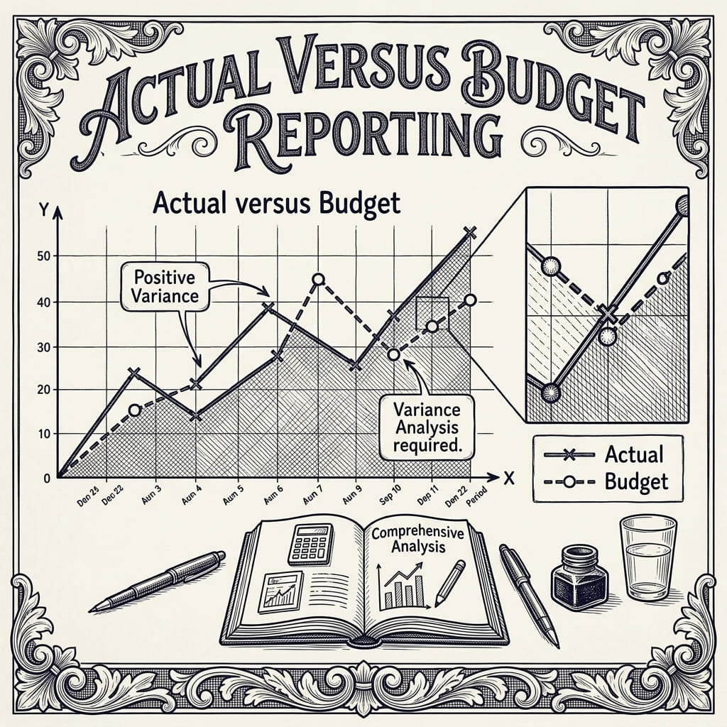 Hand-drawn sketch of a business advisory desk with management reports, a KPI and cash flow dashboard, budget-vs-actual charts and a Sydney view — Numerix Accounting