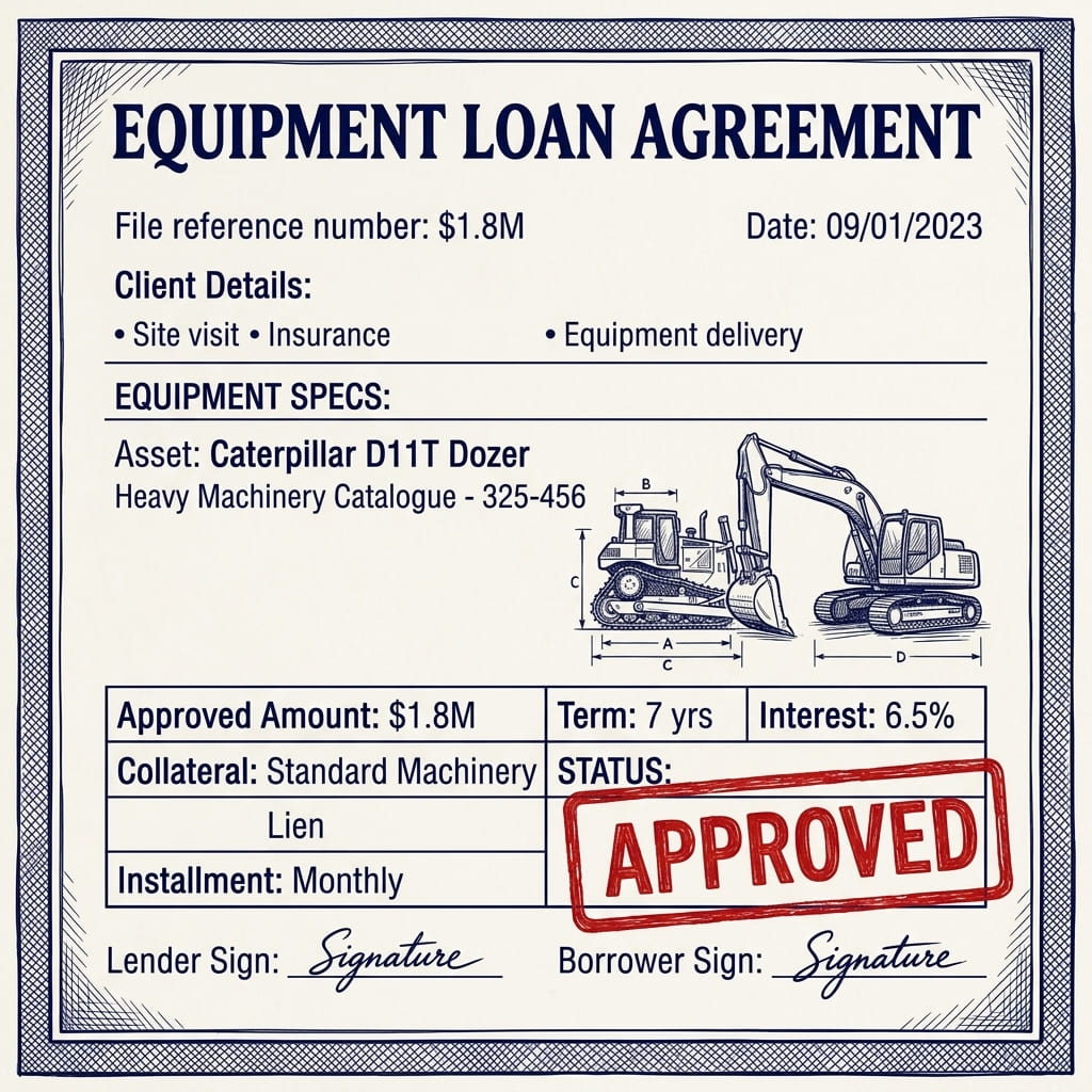 Hand-drawn sketch of a business finance desk with a loan application, equipment and property finance documents, calculator and an approval dashboard — Numerix Accounting Sydney