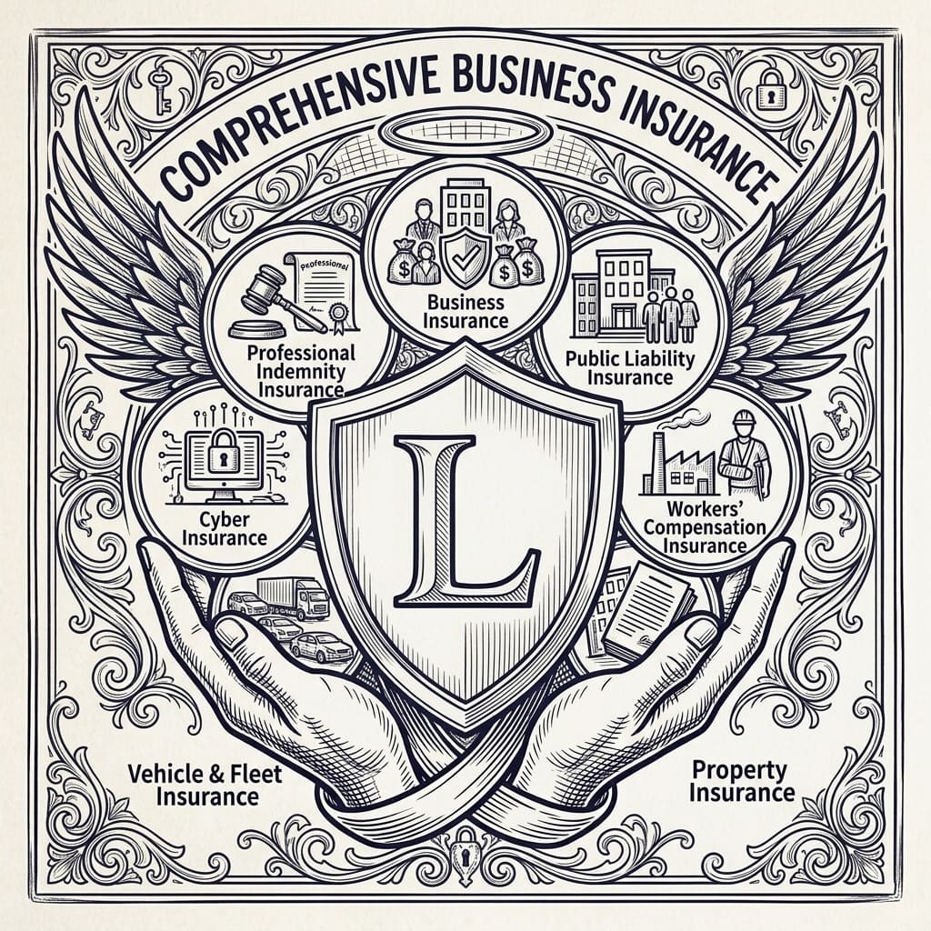 Hand-drawn sketch of a business insurance desk with public liability, professional indemnity and cyber policy documents, a protective shield motif and a Sydney view — Numerix Accounting