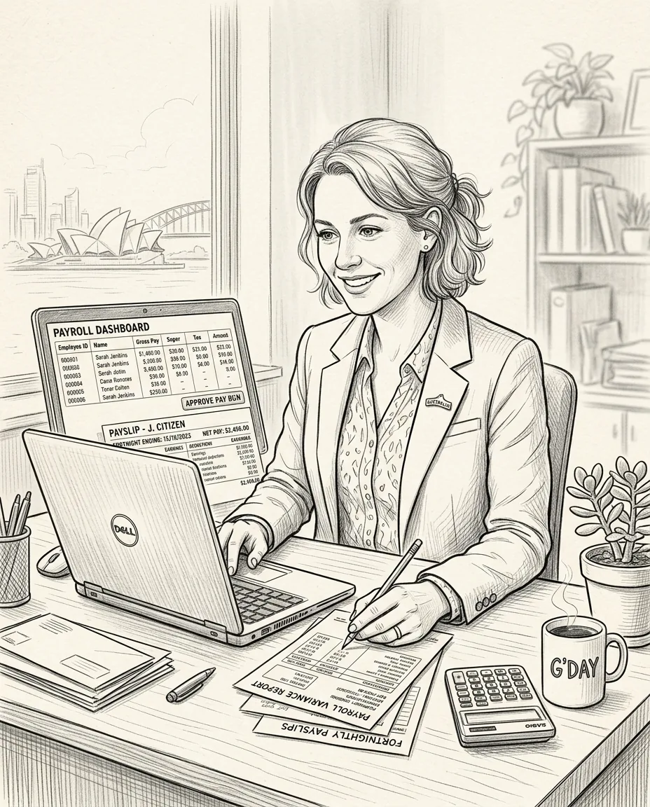 Hand-drawn sketch of a Numerix payroll officer approving a pay run on a payroll dashboard with payslips and a Sydney Harbour view