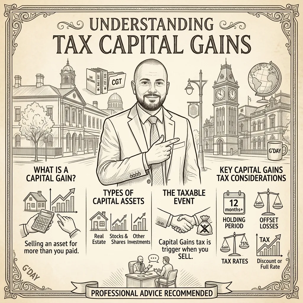 Understanding capital gains tax in Australia — Numerix Accounting guide covering capital assets, taxable events, holding period and CGT discounts