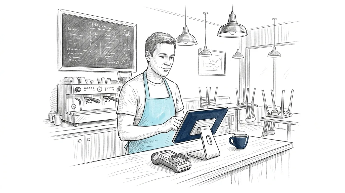 Pencil sketch of a Sydney cafe owner in an apron checking the day's takings on the POS screen at closing time
