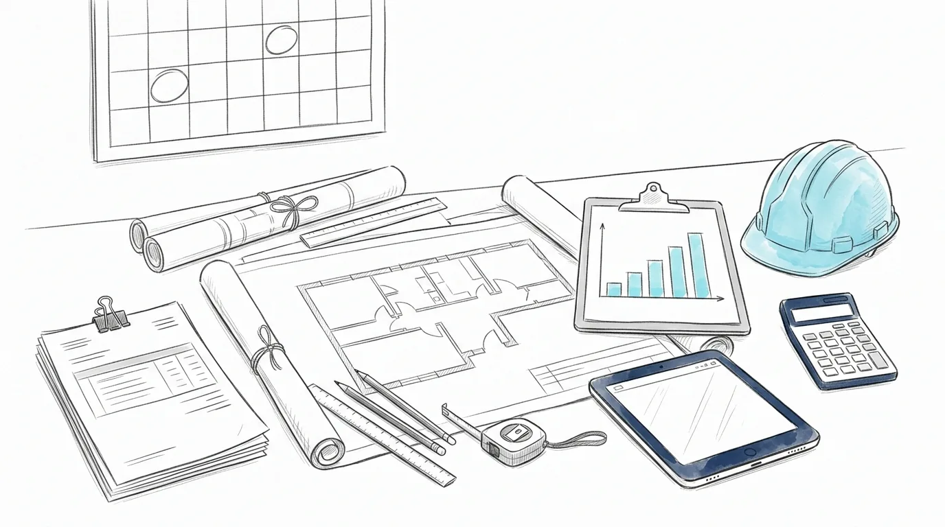 Pencil sketch of a builder's desk with house plans, a rising progress chart, invoices, a tablet, a calculator and a hard hat