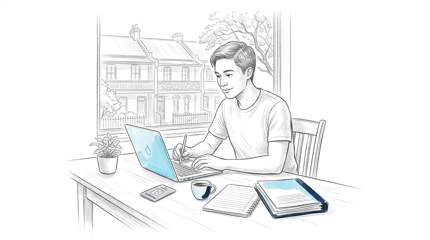 Pencil sketch of a new business owner completing an online ABN application at a table with Sydney terrace houses outside