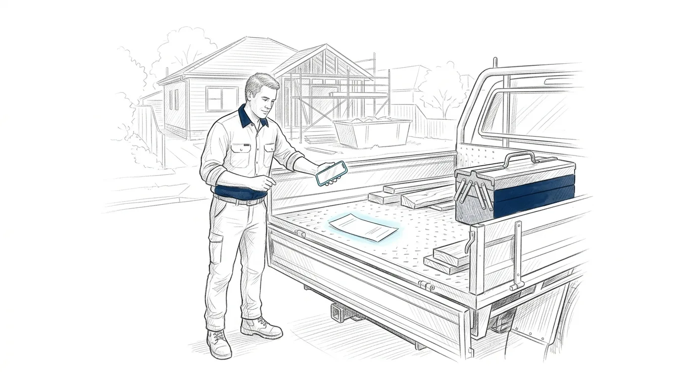 Pencil sketch of a Sydney tradie photographing a receipt in the tray of his work ute
