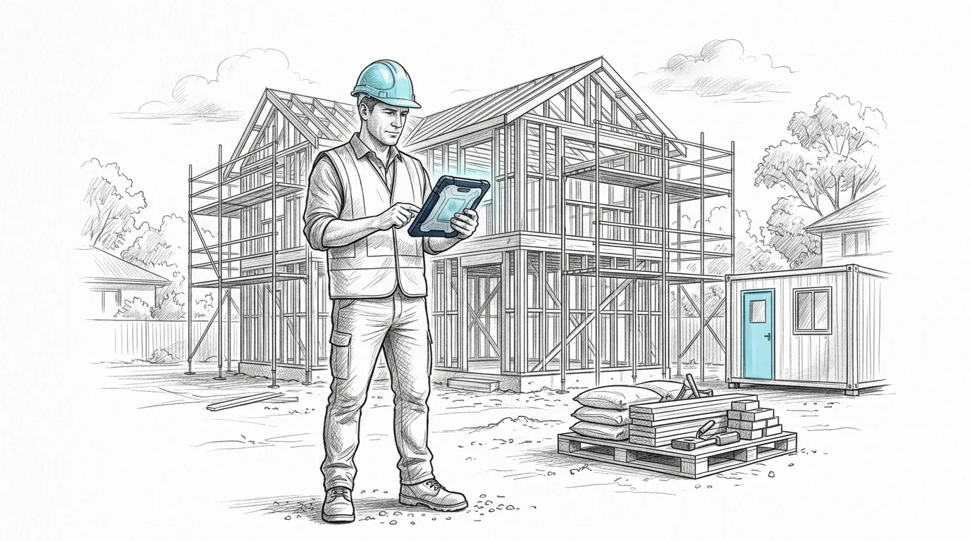 Pencil sketch of a Sydney builder in a hard hat checking job costs on a tablet beside a house frame and site office