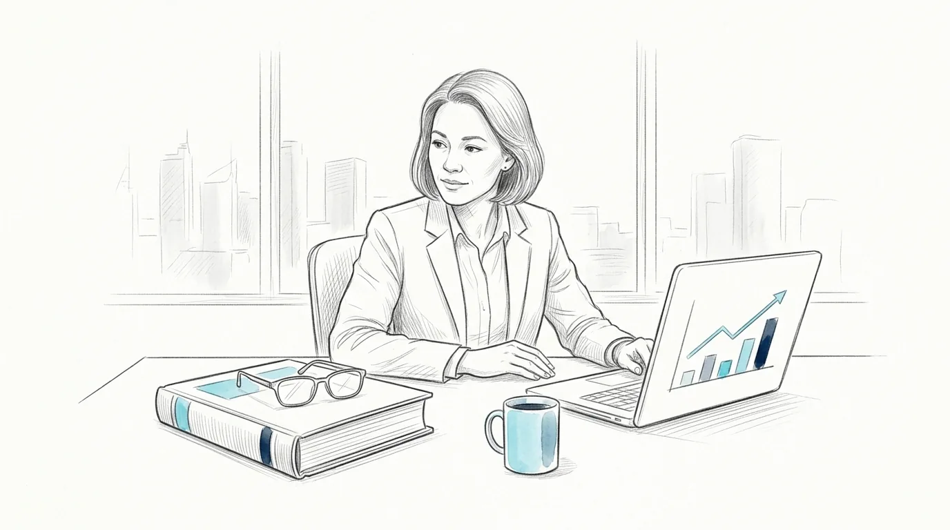 Pencil sketch of a Sydney business owner beside a bound annual report, looking towards a laptop showing a rising growth chart