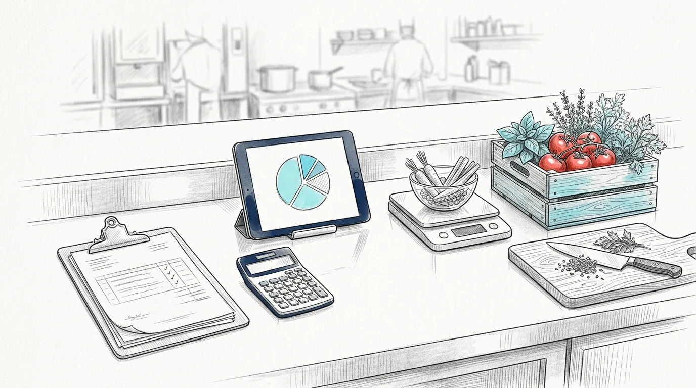Pencil sketch of a restaurant kitchen pass with supplier invoices, a calculator, a tablet pie chart, kitchen scales and fresh produce