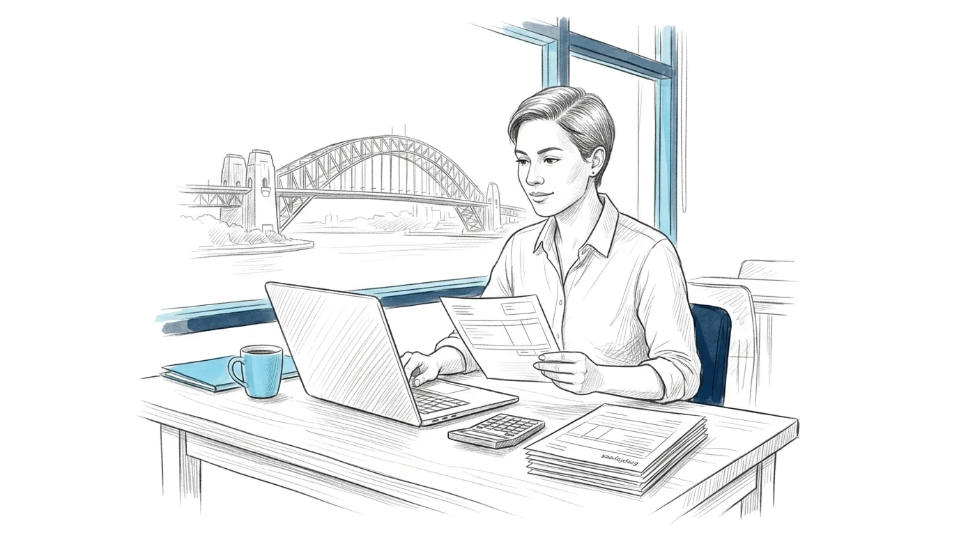 Pencil sketch of a Sydney small business owner reviewing a payslip at a laptop with the Harbour Bridge in view
