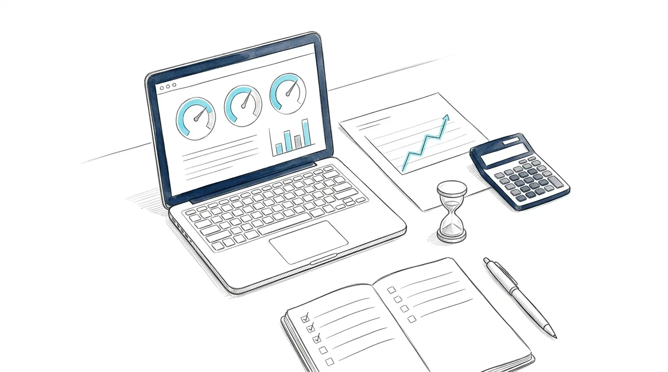 Pencil sketch of a desk with a KPI dashboard of gauges on a laptop, a rising graph, an hourglass, a calculator and a checklist