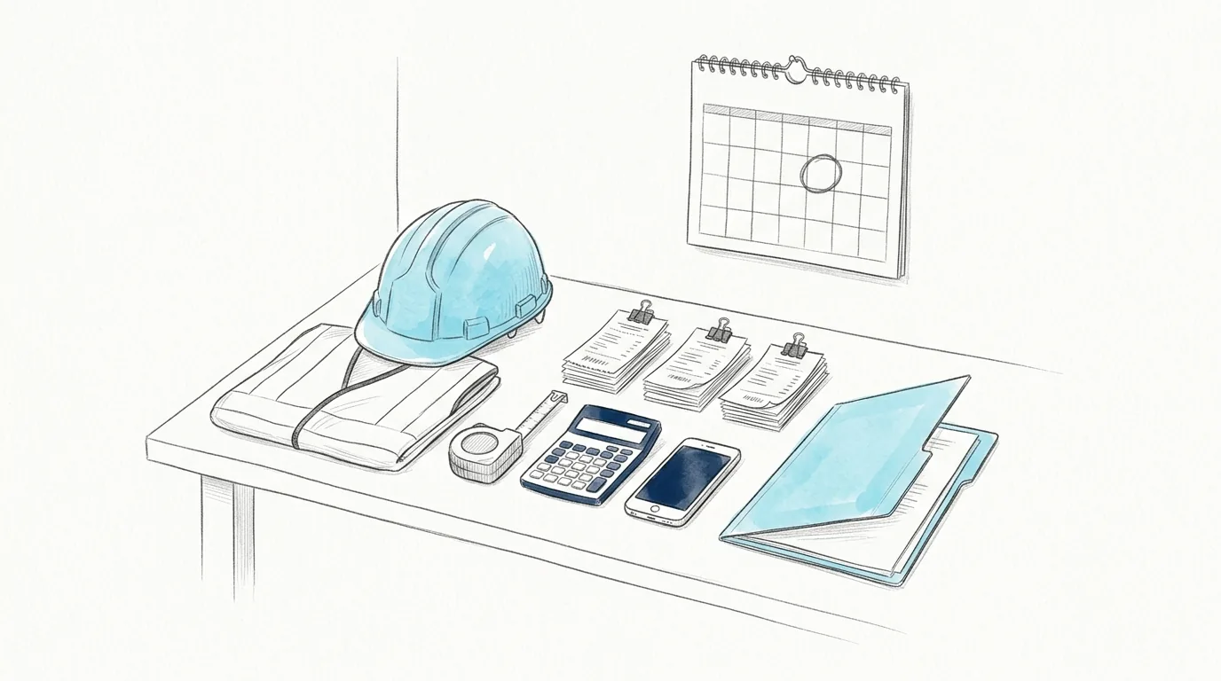 Pencil sketch of a tidy workbench with a hard hat, sorted receipts, a calculator and a phone ready for BAS